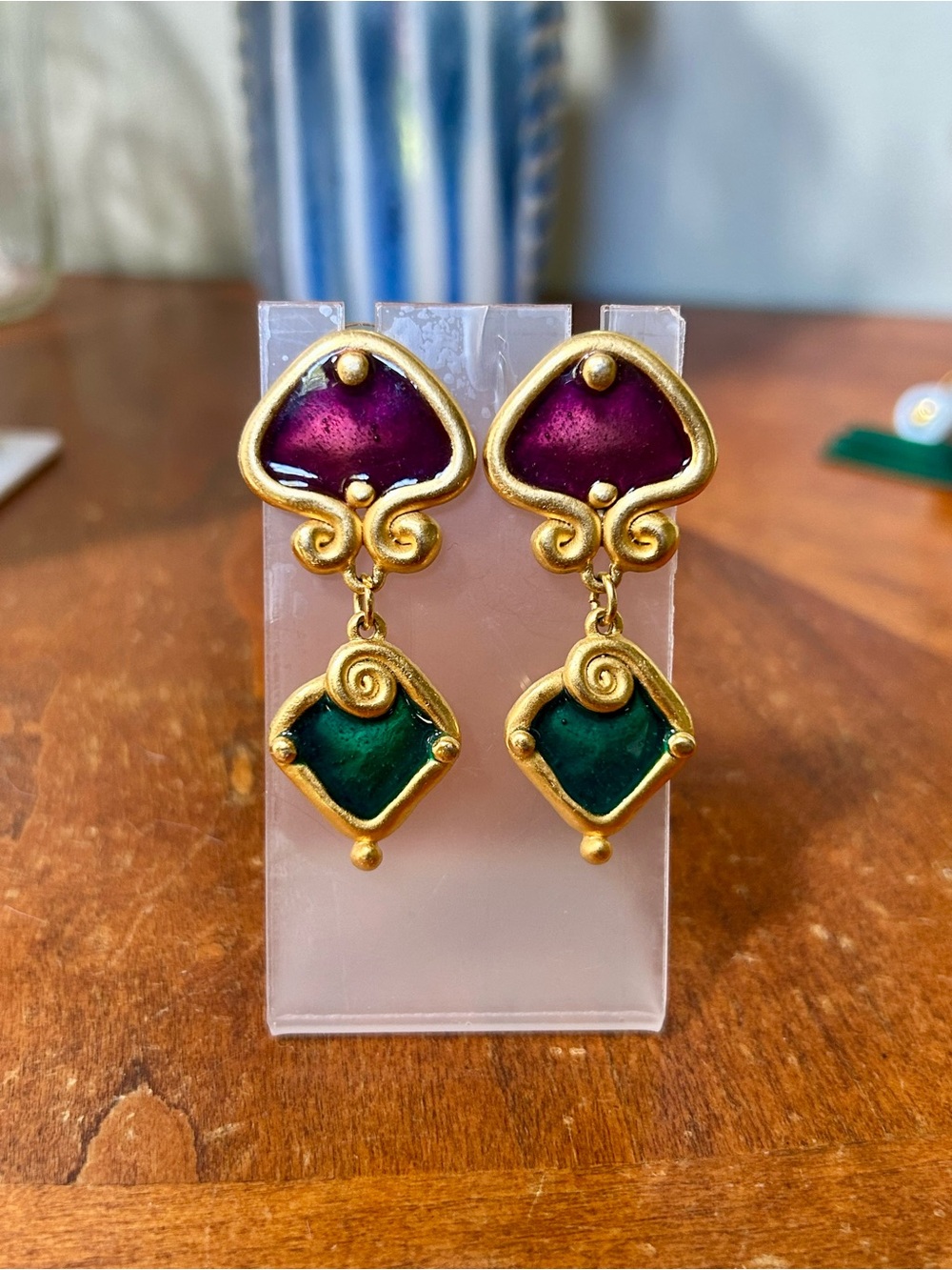 Mogul Style Purple and Green Drop Enamel Earrings